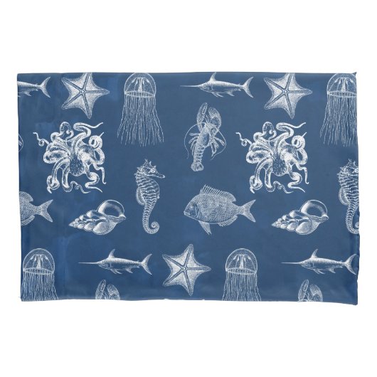 ネイビーブルーウォーター色海海洋動物 枕カバー (正面左)