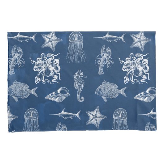 ネイビーブルーウォーター色海海洋動物 枕カバー (正面右)