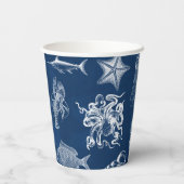 ネイビーブルーウォーター色海海洋動物 紙コップ (裏面)