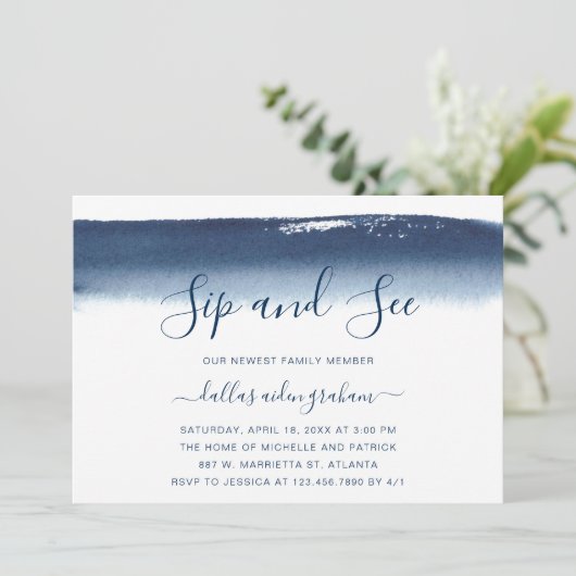 ネイビーブルーウォーター色男の赤ちゃんsipと参照 招待状 (スタンド正面)