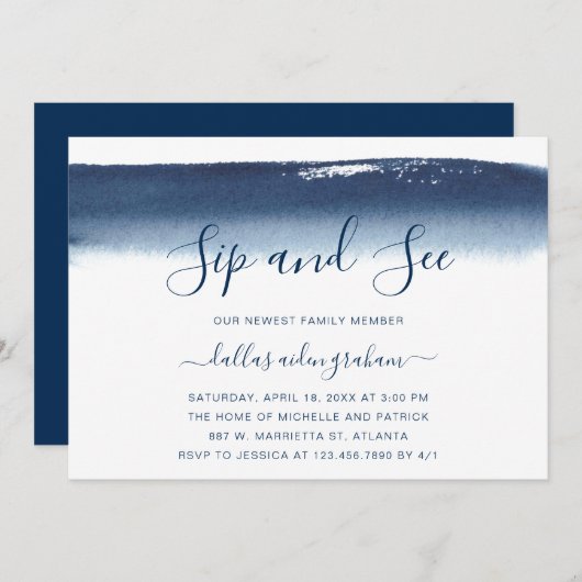 ネイビーブルーウォーター色男の赤ちゃんsipと参照 招待状 (正面/裏面)