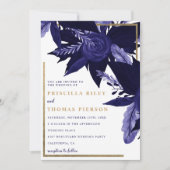 ネイビーブルーウォーター色金ゴールド秋結婚フローラ 招待状 (正面)