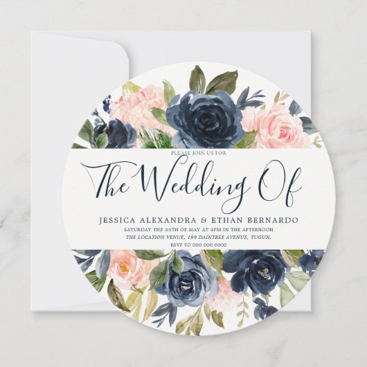 ネイビーブルーウォーター赤面結婚花 招待状 (正面)