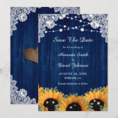 ネイビーブルーウッドグリーナリーサンフラワー結婚ズ セーブザデート (正面/裏面)