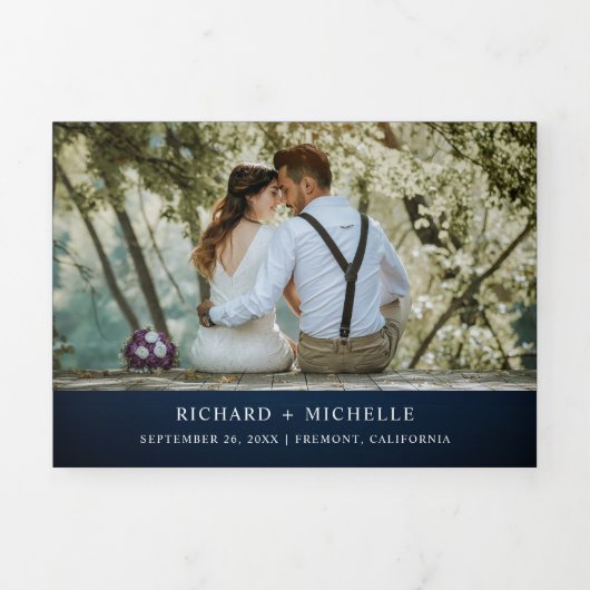 ネイビーブルーウッドサンフラワーズホワイトパンプキン結婚ズ 三つ折り招待状 (カバー)