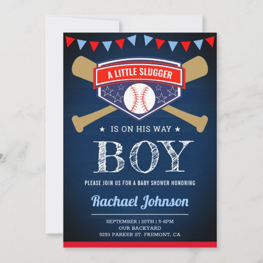 ネイビーブルーウッドスポーツボーイ野球赤ちゃんシャワー 招待状 (正面)