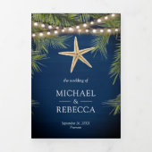 ネイビーブルーウッドトロピカルパームリーフヒトデ結婚ィズ 三つ折り招待状 (カバー)