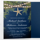 ネイビーブルーウッドトロピカルパームリーフヒトデ結婚ィズ 三つ折り招待状 (内部最初)