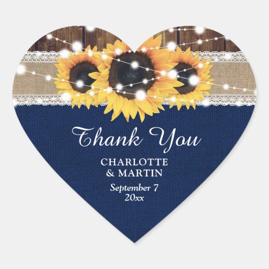 ネイビーブルーウッドバーラップレースひまわり結婚の花 ハートシール (正面)