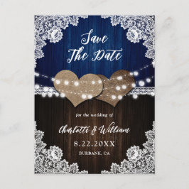 ネイビーブルーウッドバーラップレース結婚式の日付を保存 案内ポストカード