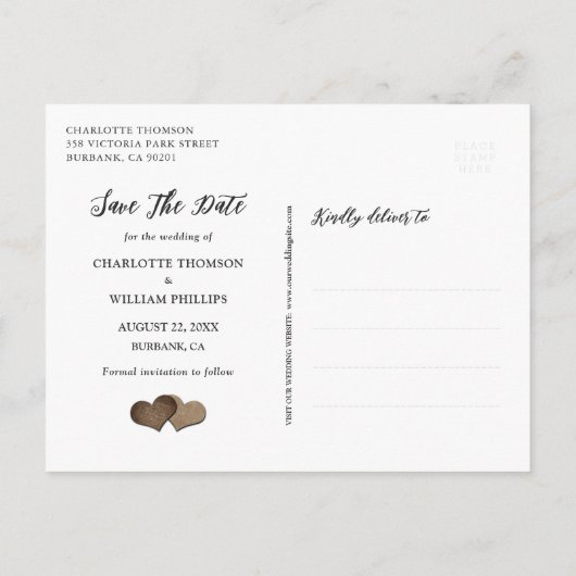 ネイビーブルーウッドバーラップレース結婚式の日付を保存 案内ポストカード (裏面)