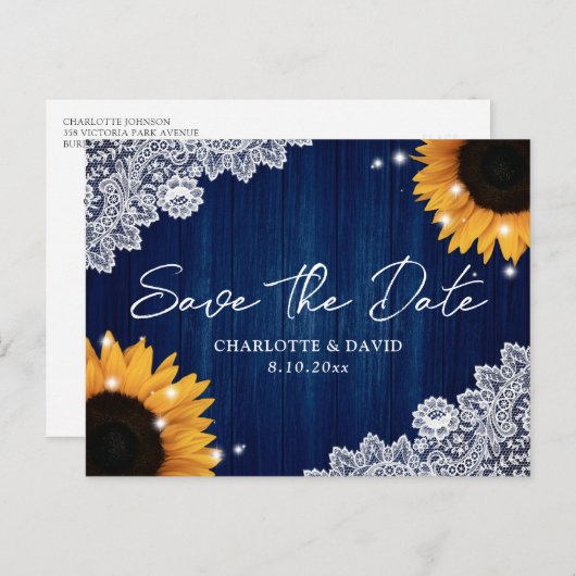 ネイビーブルーウッドヒマワリ結婚式の日付を保存 案内ポストカード (正面/裏面)