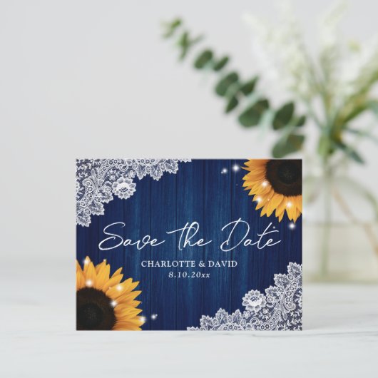 ネイビーブルーウッドヒマワリ結婚式の日付を保存 案内ポストカード (スタンド正面)