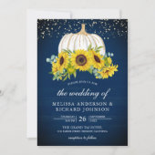 ネイビーブルーウッドホワイトパンプキンサンフラワー結婚ズ 招待状 (正面)