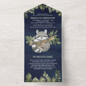 ネイビーブルーウッドランドかわいいアライグマ赤ちゃんシャワー オールインワン招待状 (内側)