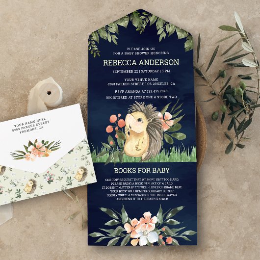 ネイビーブルーウッドランドかわいいハリネズミ赤ちゃんシャワー オールインワン招待状