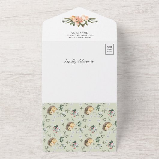 ネイビーブルーウッドランドかわいいハリネズミ赤ちゃんシャワー オールインワン招待状 (外側)