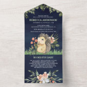 ネイビーブルーウッドランドかわいいハリネズミ赤ちゃんシャワー オールインワン招待状 (内側)