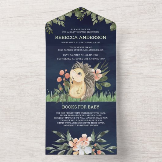 ネイビーブルーウッドランドかわいいハリネズミ赤ちゃんシャワー オールインワン招待状 (内側)