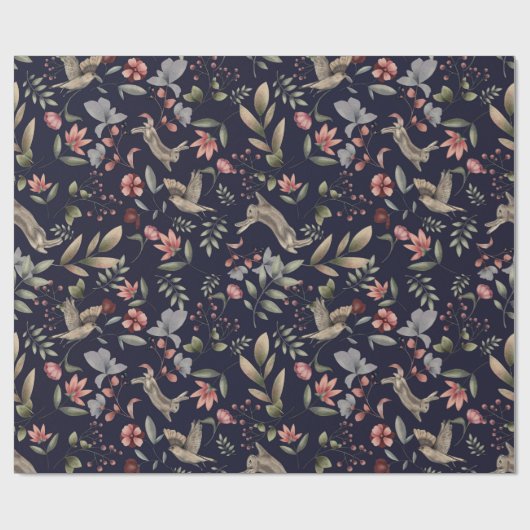 ネイビーブルーウッドランド動物自然植物模様 ラッピングペーパー (フラット)
