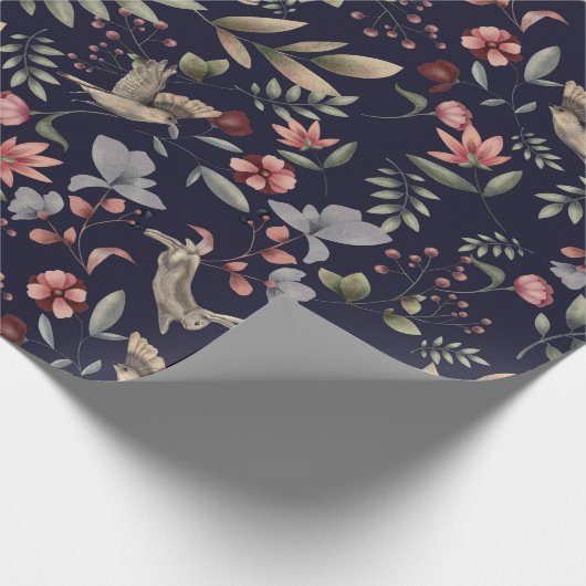 ネイビーブルーウッドランド動物自然植物模様 ラッピングペーパー (角)
