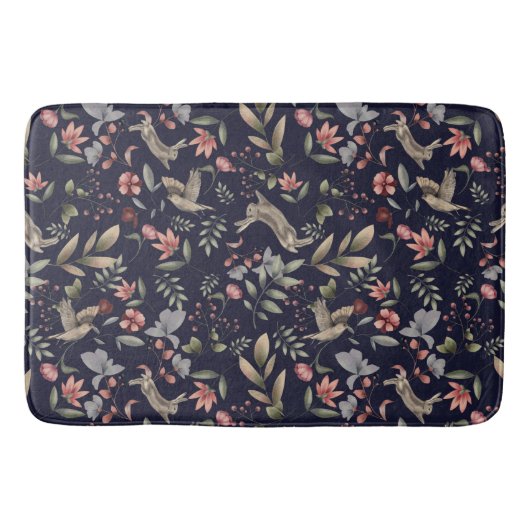 ネイビーブルーウッドランド動物葉フローラ模様 バスマット (正面)