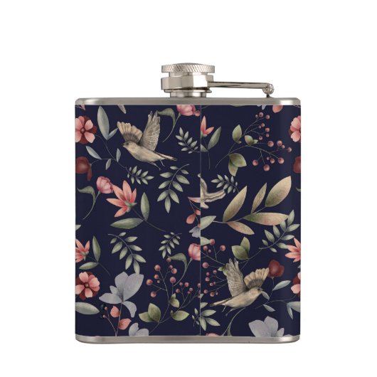 ネイビーブルーウッドランド動物葉フローラ模様 フラスク (裏面)