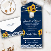 ネイビーブルーウッドレースサンフラワーズメイソンジャー結婚ズ オールインワン招待状