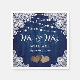 ネイビーブルーウッドレースハートストリングラ結婚イト スタンダードカクテルナプキン