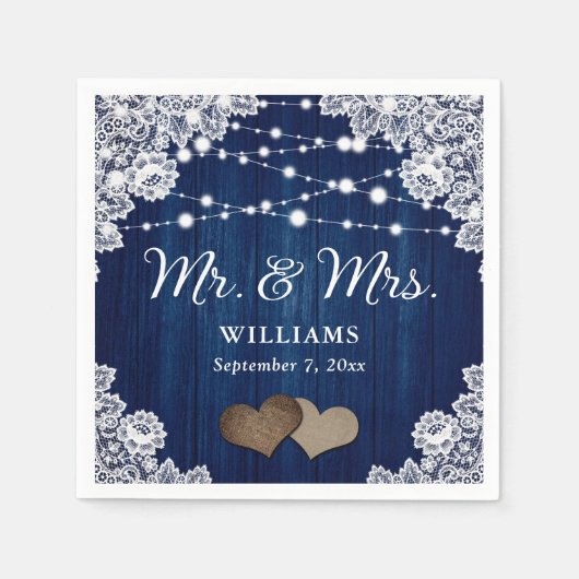 ネイビーブルーウッドレースハートストリングラ結婚イト スタンダードカクテルナプキン (正面)