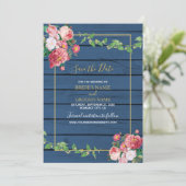 ネイビーブルーウッドヴィンテージピンクローズ&金ゴールドズ結婚ズ セーブザデート (スタンド正面)