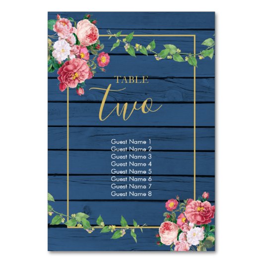ネイビーブルーウッドヴィンテージピンクローズ&金ゴールドズ結婚ズ テーブルナンバー (正面)