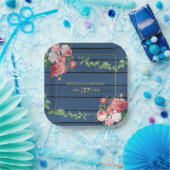 ネイビーブルーウッドヴィンテージピンクローズ&金ゴールドズ結婚ズ ペーパープレート (パーティー)