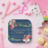 ネイビーブルーウッドヴィンテージピンクローズ&金ゴールドズ結婚ズ ペーパープレート (パーティー)