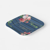 ネイビーブルーウッドヴィンテージピンクローズ&金ゴールドズ結婚ズ ペーパープレート (傾斜あり)