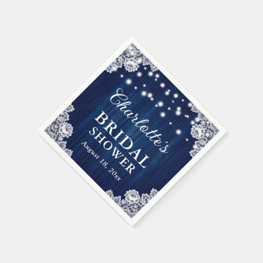 ネイビーブルーウッド素朴レースブライダルシャワー スタンダードカクテルナプキン (角)