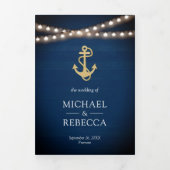 ネイビーブルーウッド航海の金ゴールドいかりライツ結婚ズ 三つ折り招待状 (カバー)