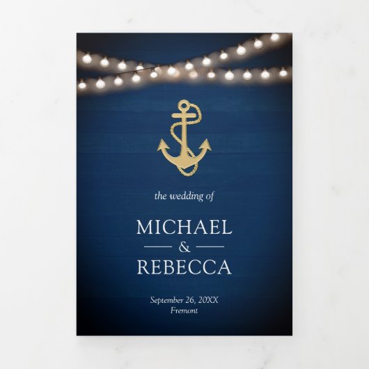 ネイビーブルーウッド航海の金ゴールドいかりライツ結婚ズ 三つ折り招待状 (カバー)