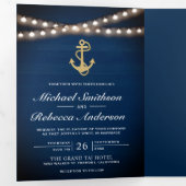 ネイビーブルーウッド航海の金ゴールドいかりライツ結婚ズ 三つ折り招待状 (内部最初)