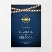 ネイビーブルーウッド航海の金ゴールドコンパス結婚ズ 三つ折り招待状 (カバー)