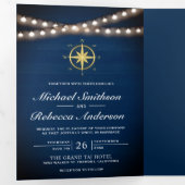 ネイビーブルーウッド航海の金ゴールドコンパス結婚ズ 三つ折り招待状 (内部最初)