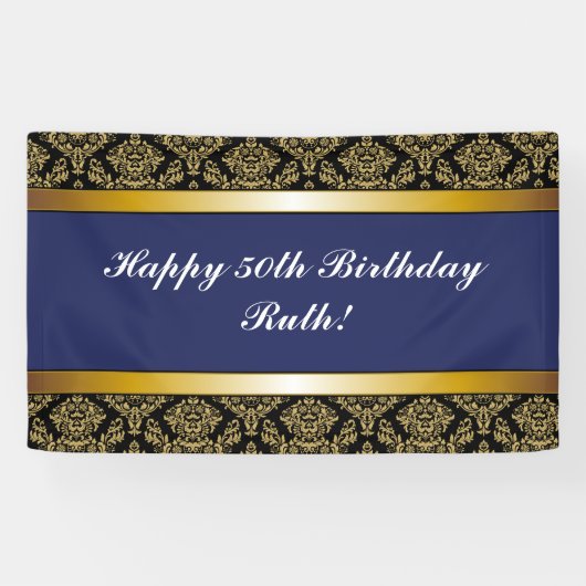 ネイビーブルーエイジ金ゴールドダマスク誕生日バナー 横断幕 (横)