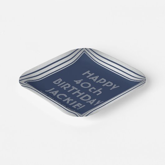 ネイビーブルーエレガントとシルバーの誕生日パーティー ペーパープレート (傾斜あり)