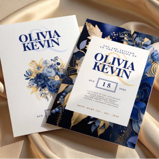 ネイビーブルーエレガントと金ゴールドの水の色の花結婚の 招待状