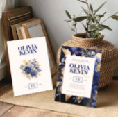 ネイビーブルーエレガントと金ゴールドの水の色の花結婚の 招待状