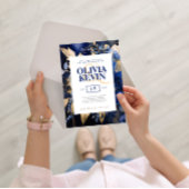 ネイビーブルーエレガントと金ゴールドの水の色の花結婚の 招待状