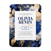 ネイビーブルーエレガントと金ゴールドフローラウォーター結婚カラー マグネット (縦)