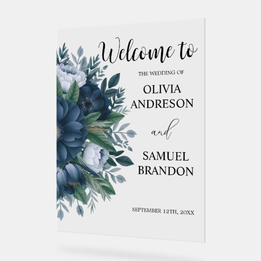 ネイビーブルーエレガントなウェディングアクリルのウェルカムサイン アクリルサイン (傾斜)