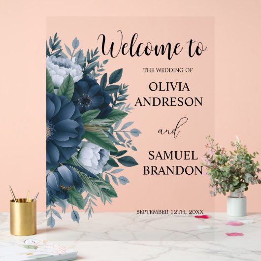 ネイビーブルーエレガントなウェディングアクリルのウェルカムサイン アクリルサイン (ウェディング)