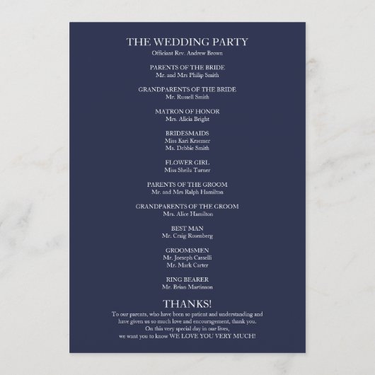 ネイビーブルーエレガントな結婚式プログラム プログラム (裏面)